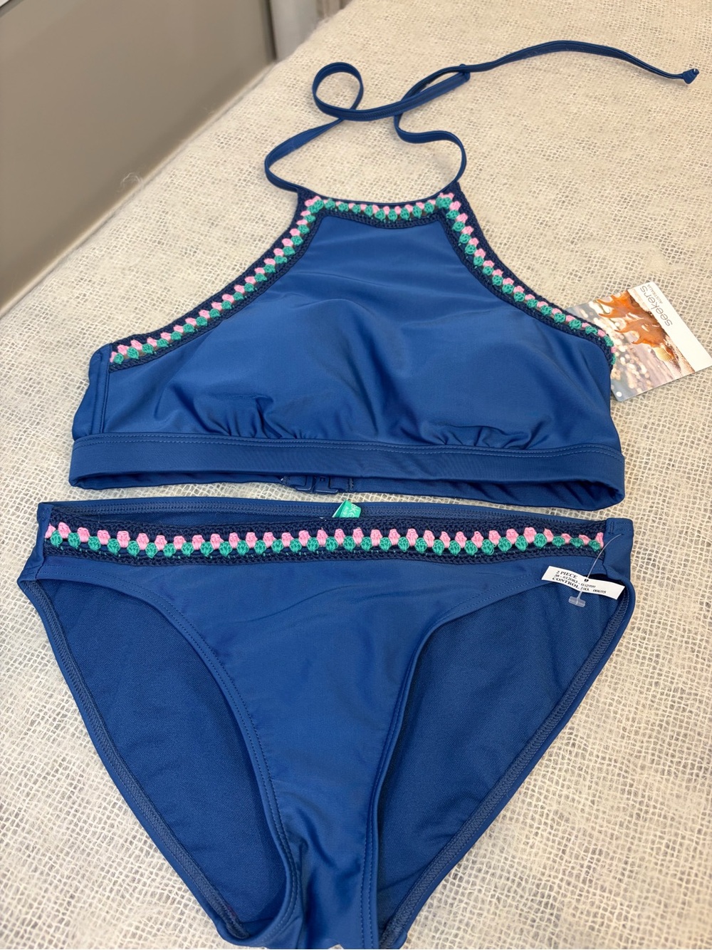 Seekers NWT  Australia  two piece Navy Swimsuit halter neckline/ crochet size 8